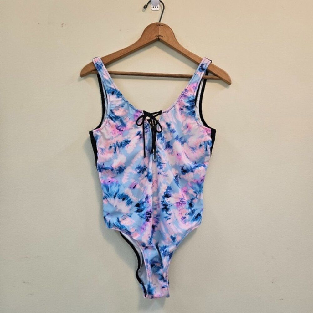 Victoria Secret PINK One-Piece Swimsuit Women Sz L Blue/Pink tie-dye scoop back